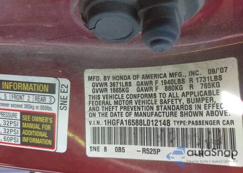 2008 Honda Civic Lx z USA, uszkodzony, nr VIN 1HGFA16588L012148